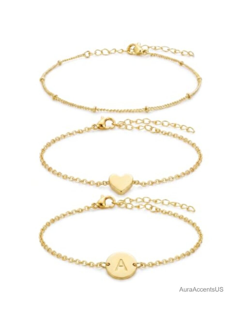 Layered Initial Bracelets Set Women 14K Gold Plated Heart Charm Dainty